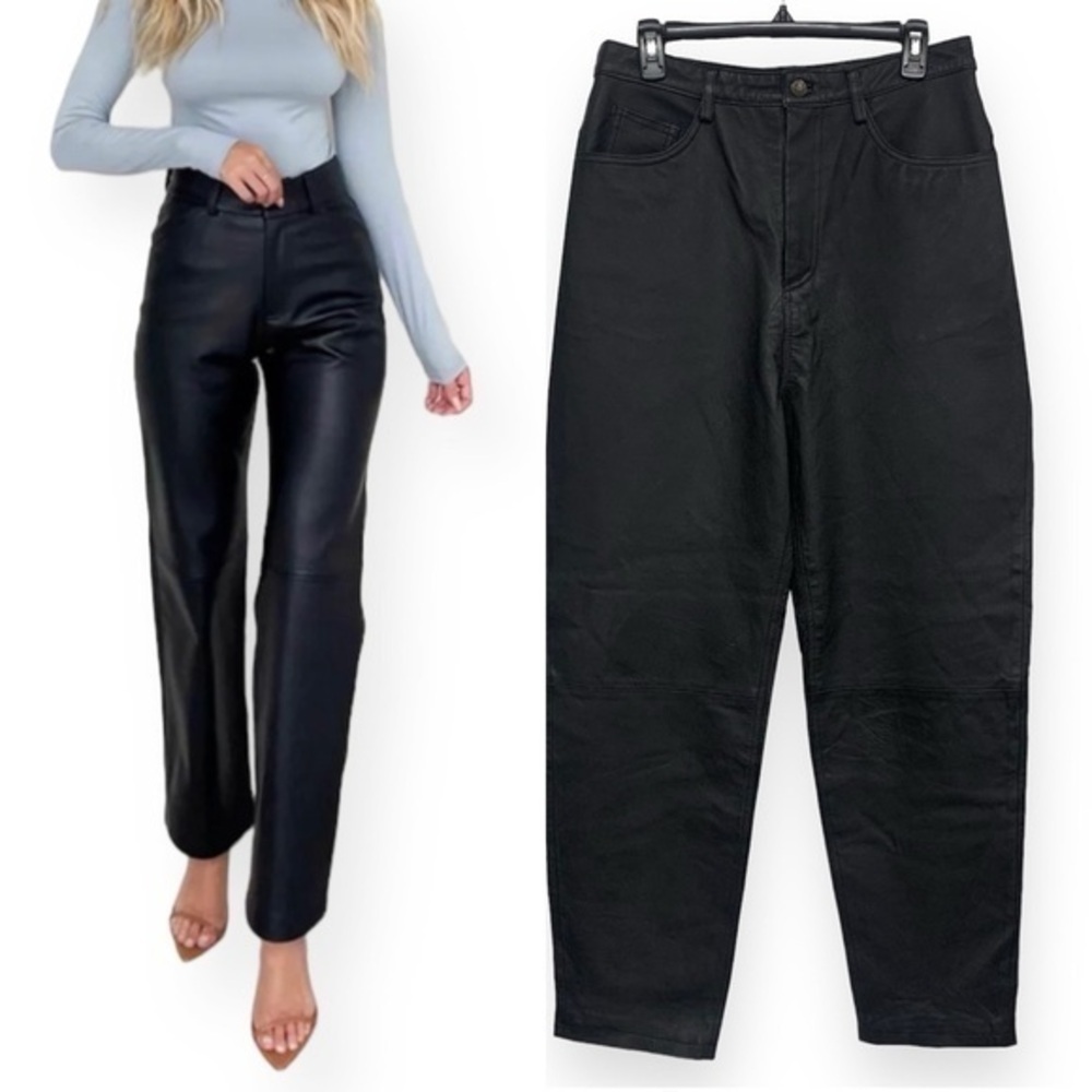 Vintage 80s Studio C Black Leather Pants Retro High Waisted Straight Leg Size 8
